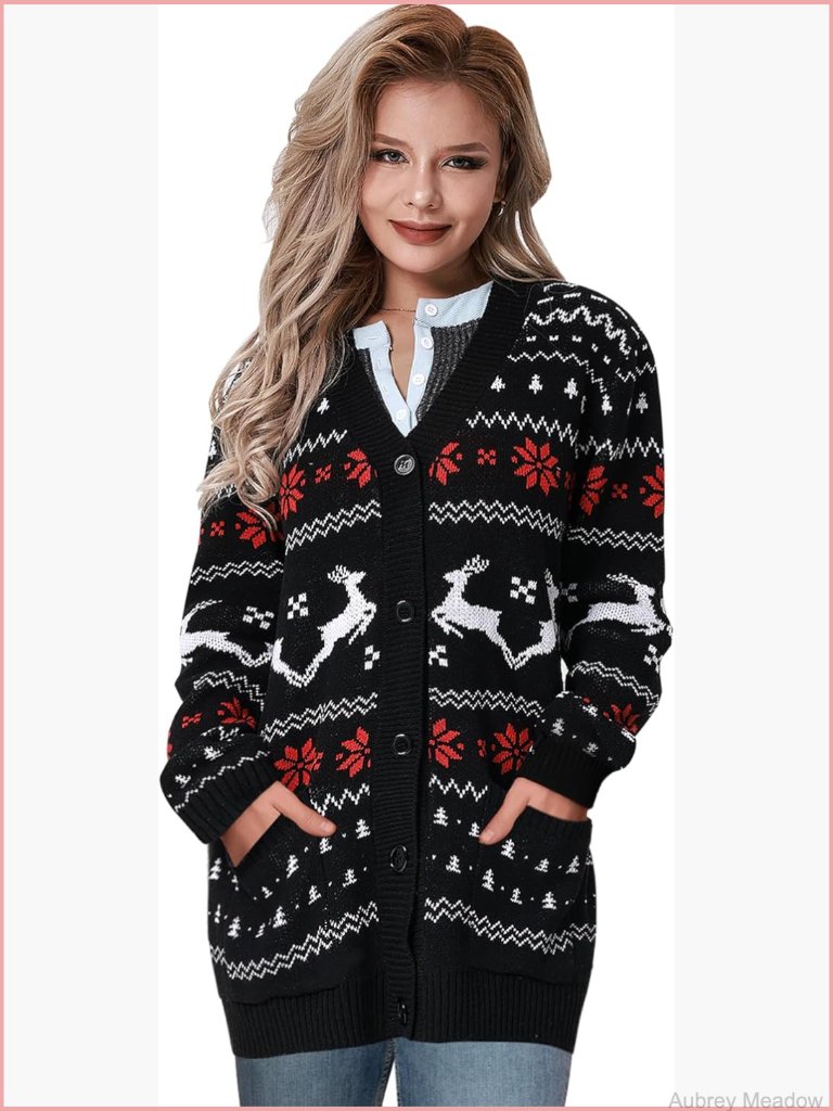 Ugly Christmas Reindeer Cardigan Sweater Festive Holiday Party Top